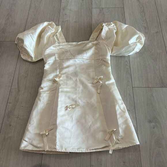 Lulus Lovely Simplicity Champagne Satin Puff Sleeve Bow Mini Dress size XL - Picture 1 of 11